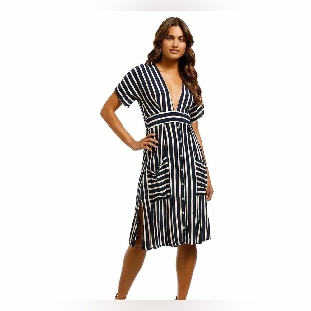 Faithful The Brand Milan Midi Dress Navy Mazur Striped size 4 - Picture 11 of 11